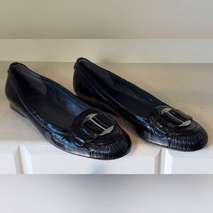 Stuart Weitzman Black Patent Leather Flats With Silver Buckle Details Size 9